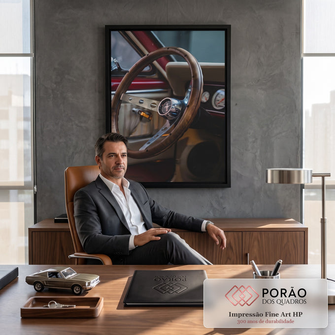 Volante clássico de madeira com raios cromados e emblema Mustang em interior vintage, quadro decorativo