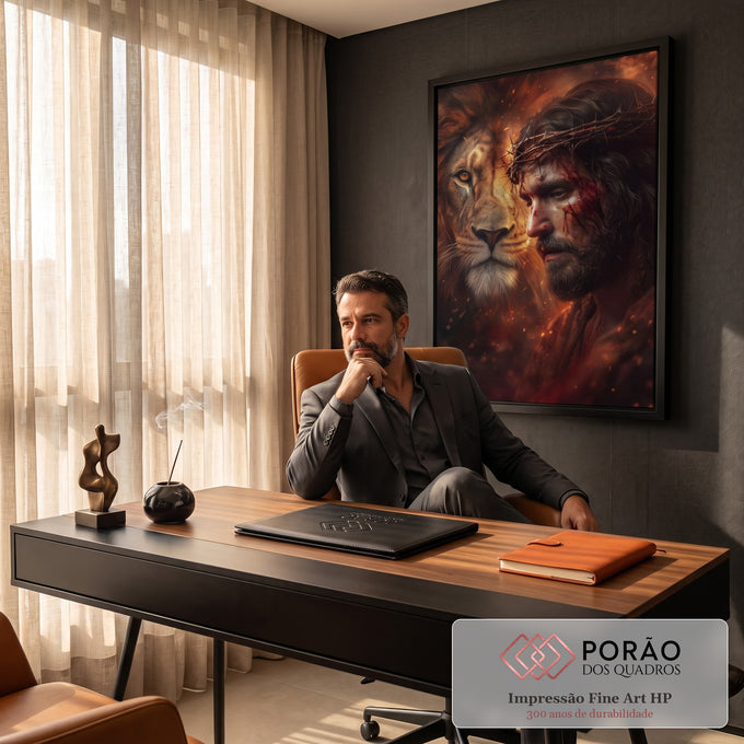 Quadro Decorativo Grande Leão e Jesus para Sala Laranja | quadros decorativos | rosto de leão dourado mesclado ao rosto de um homem com coroa de espinhos sobre fogo | em ambiente 2 | Porao dos Quadros