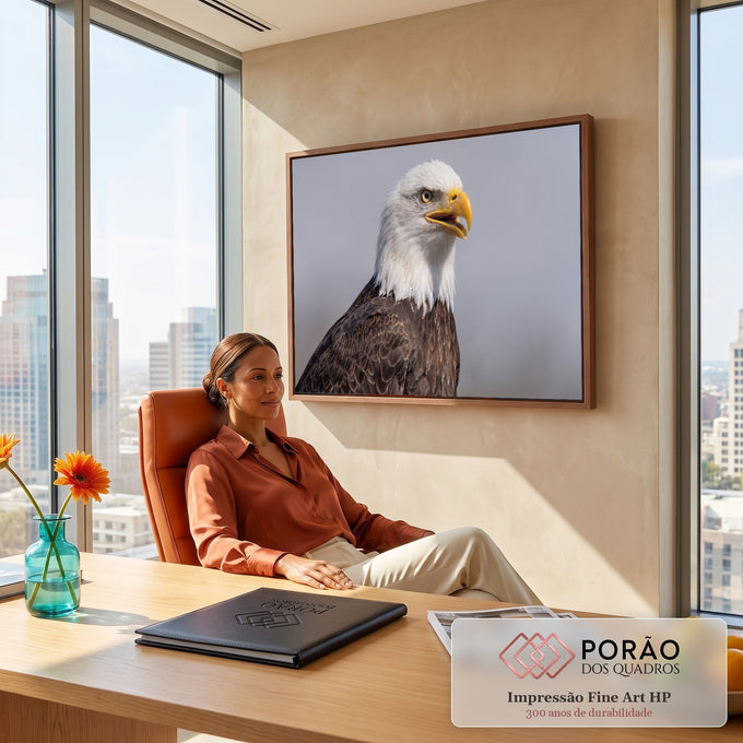 Quadro Decorativo Grande Águia Cabeça Branca para Sala | quadros decorativos | retrato em close de águia-de-cabeça-branca com bico amarelo entreaberto | em ambiente 2 | Porao dos Quadros