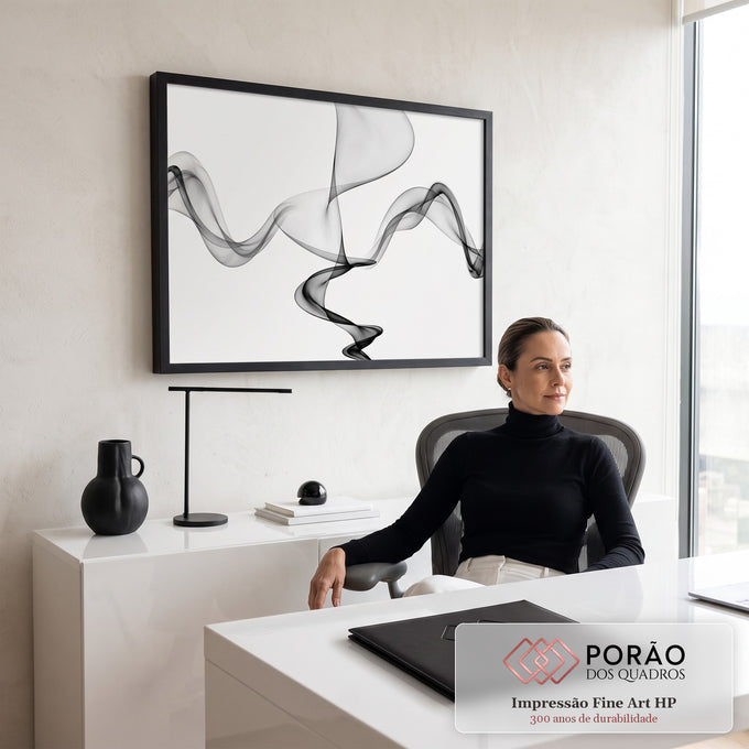 Quadro Decorativo Grande Fumaça Abstrata para Sala Preto | quadros decorativos | formas de fumaça abstrata preta ondulada sobre fundo branco | em ambiente 2 | Porao dos Quadros
