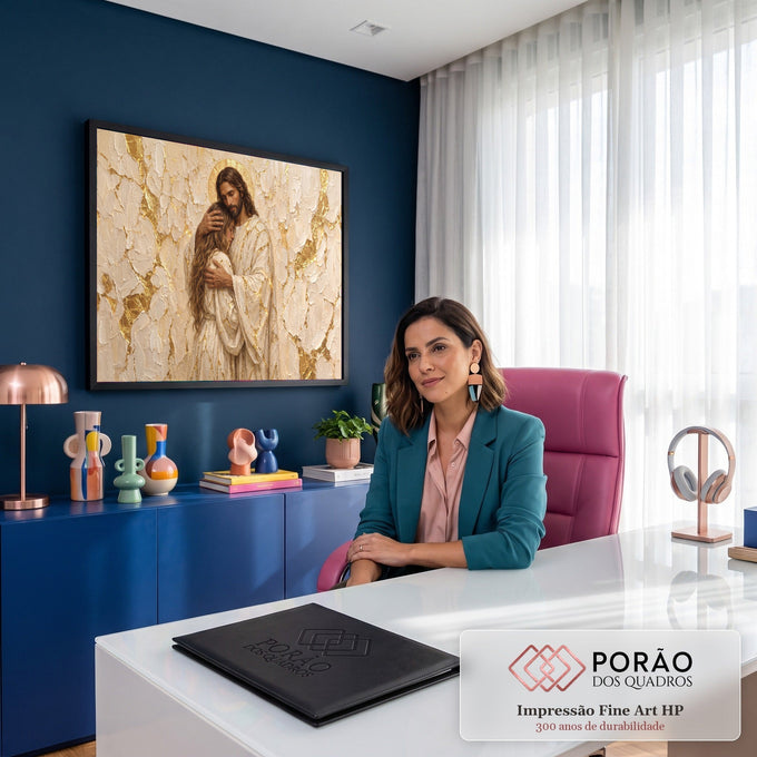 Quadro Decorativo Grande Jesus Abraçando Bege para Sala | quadros decorativos | Jesus com auréola dourada abraçando uma mulher sobre fundo texturizado em ouro e bege | em ambiente 2 | Porao dos Quadros