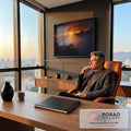 Quadro Decorativo Grande Pôr do Montanhas para Sala | quadros decorativos | silhueta de pessoa sentada em pico de montanha ao pôr do sol laranja | em ambiente 2 | Porao dos Quadros