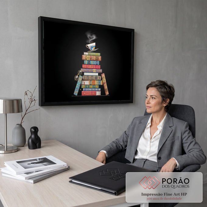 Pilha de livros antigos coloridos com xícara de chá e óculos sobre fundo preto, quadro decorativo