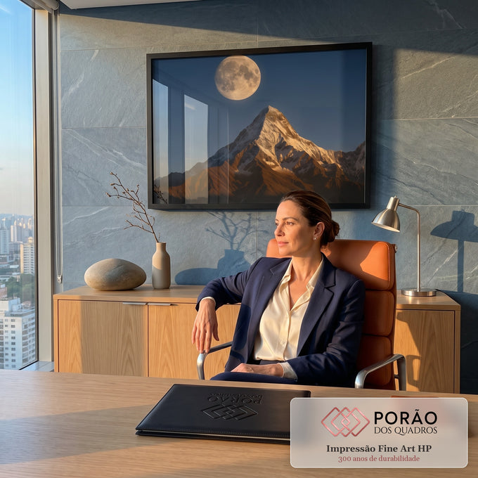 Quadro Decorativo Grande Lua Cheia Montanha Nevada para Sala | quadros decorativos | lua cheia sobre pico de montanha nevado iluminado em dourado ao entardecer | em ambiente 2 | Porao dos Quadros
