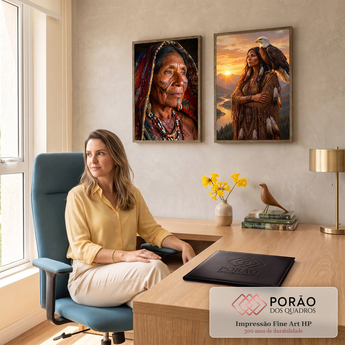 Quadro Decorativo Kit 2 Telas Mulher Indígena para Sala | quadros decorativos | díptico com mulher indígena idosa tatuada e mulher com águia careca ao pôr do sol | em ambiente 2 | Porao dos Quadros