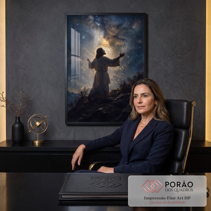 Quadro Decorativo Grande Figura em Manto para Sala Preto | quadros decorativos | figura de manto com braços erguidos sob céu estrelado e via láctea dourada | em ambiente 2 | Porao dos Quadros