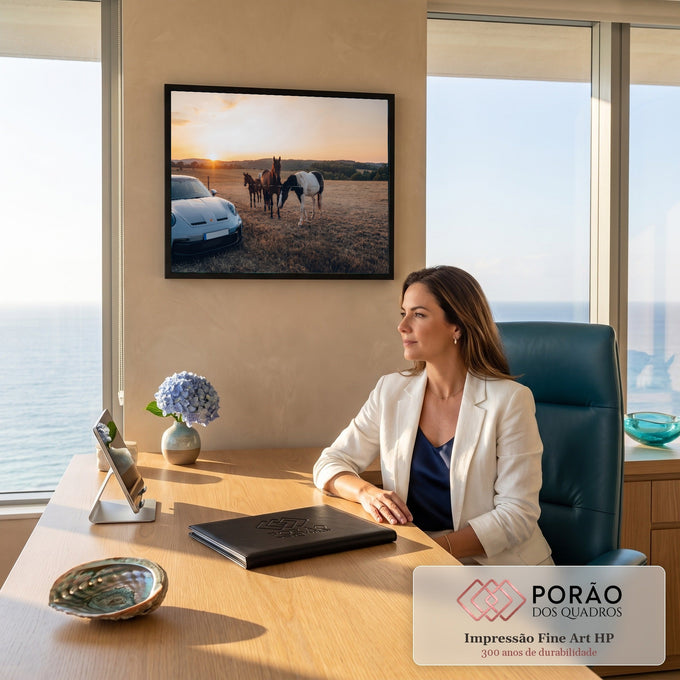 Quadro Decorativo Grande Carro Pôr do Sol para Sala Branco | quadros decorativos | carro esportivo branco diante de cavalos em campo dourado ao pôr do sol | em ambiente 2 | Porao dos Quadros