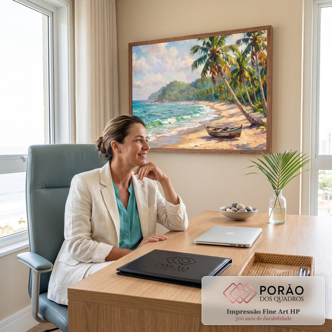 Quadro Decorativo Grande tela de pinturas para Sala Azul | quadros decorativos | praia tropical com mar turquesa, coqueiros inclinados e barco de madeira na areia | em ambiente 2 | Porao dos Quadros