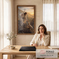 Quadro Decorativo Grande Jesus Bom Pastor Dourado para Sala | quadros decorativos | Jesus com cajado estendendo a mão para uma ovelha em montanha ao pôr do sol | em ambiente 2 | Porao dos Quadros