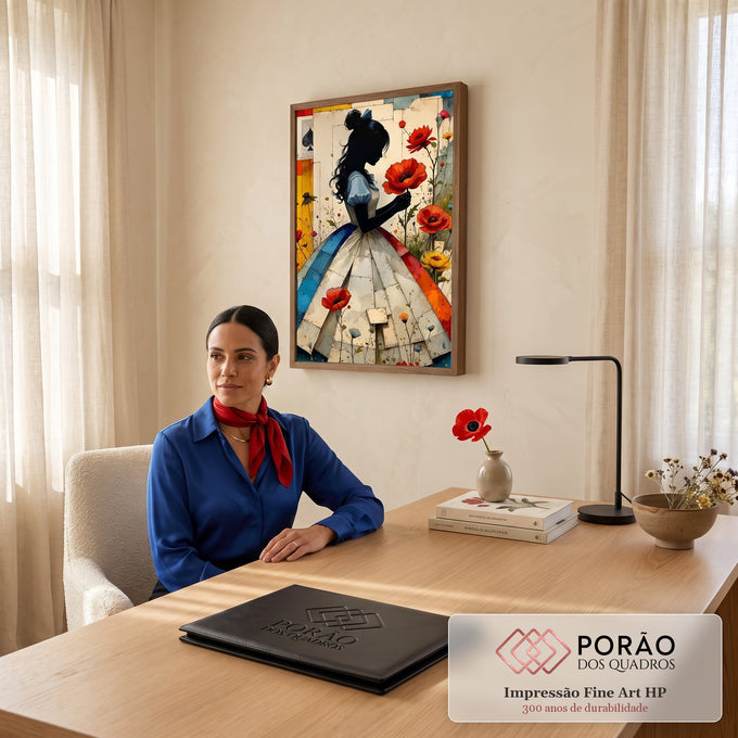 Silhueta de Alice com vestido azul segurando papoula vermelha em colagem floral, quadro decorativo