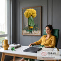 Figura surreal com cabeça de nuvem amarela, casaco verde xadrez e bicicleta verde, quadro decorativo