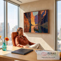Cânion de rochas laranja refletido no rio com homem remando canoa, pintura a óleo, quadro decorativo