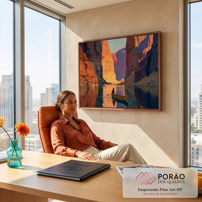 Cânion de rochas laranja refletido no rio com homem remando canoa, pintura a óleo, quadro decorativo