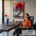 Cavalo branco sob árvore de folhas vermelhas e laranja com tronco azul em relevo, quadro decorativo