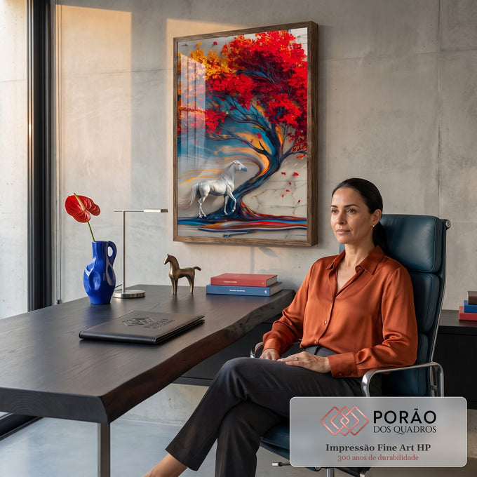 Cavalo branco sob árvore de folhas vermelhas e laranja com tronco azul em relevo, quadro decorativo