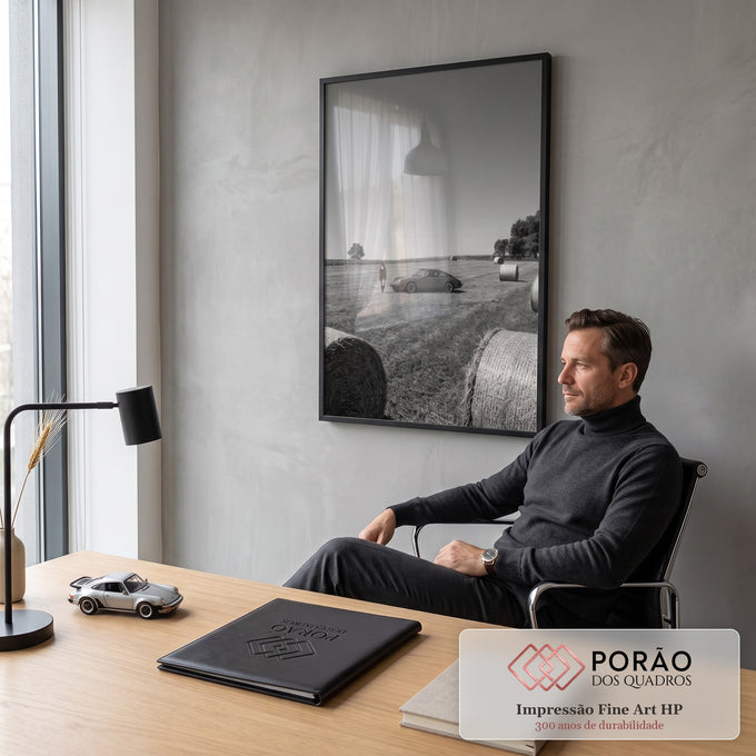 Porsche clássico e mulher em campo com fardos de feno em fotografia preto e branco, quadro decorativo