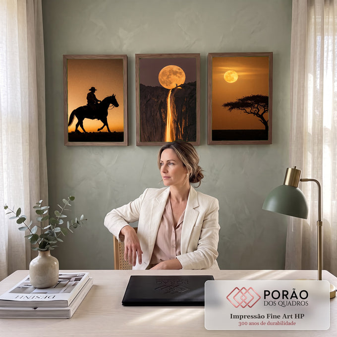 Quadro Decorativo Kit 3 Telas Lua Cheia para Sala Laranja | quadros decorativos | tríptico com cavaleiro, lua cheia sobre penhasco e savana africana em tons laranja | em ambiente 2 | Porao dos Quadros