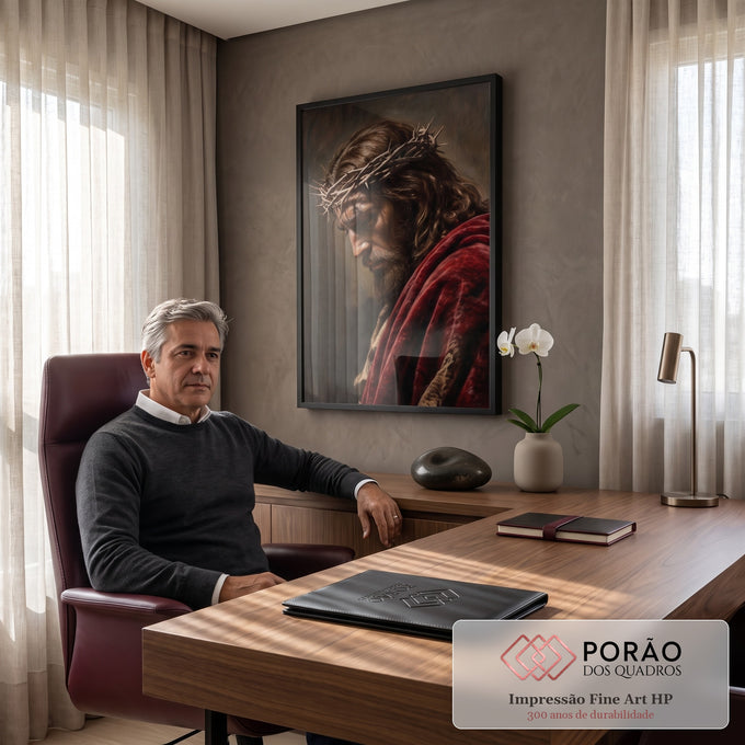 Quadro Decorativo Grande Jesus Cristo Espinhos para Sala | quadros decorativos | Jesus Cristo de perfil com coroa de espinhos e manto vermelho em pintura realista | em ambiente 2 | Porao dos Quadros