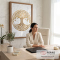 Quadro Decorativo Grande Árvore da Vida Celta para Sala | quadros decorativos | árvore da vida dourada com nó celta em círculo sobre mármore branco | em ambiente 2 | Porao dos Quadros