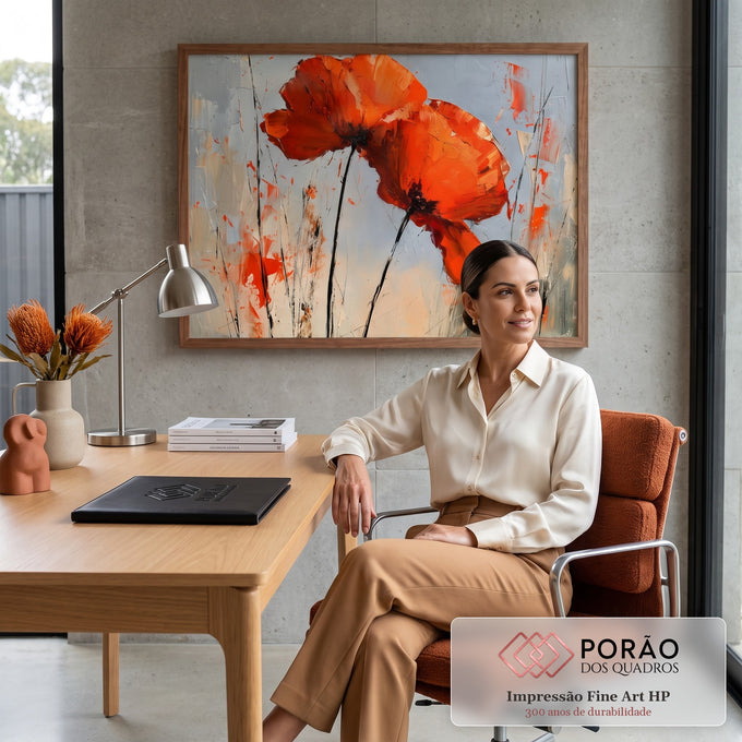 Quadro Decorativo Grande Papoulas Vermelhas para Sala | quadros decorativos | duas papoulas vermelho-alaranjadas texturizadas sobre fundo cinza com caules pretos | em ambiente 2 | Porao dos Quadros