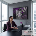 Quadro Decorativo Grande Guarda-Chuvas Roxos para Sala Roxo | quadros decorativos | vista aérea de pessoas com guarda-chuvas roxos e pretos atravessando faixa de pedestre entre árvores floridas | em ambiente 2 | Porao dos Quadros
