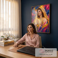 Quadro Decorativo Grande Nossa Senhora Luz Dourada para Sala | quadros decorativos | mulher em oração com véu dourado e luz radiante sobre fundo abstrato colorido | em ambiente 2 | Porao dos Quadros