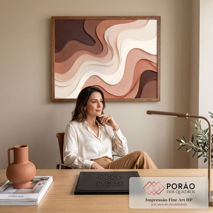 Quadro Decorativo Grande Ondas Abstratas para Sala Marrom | quadros decorativos para sala | ondas abstratas em camadas de marrom, terracota e bege com textura aveludada | em Quadros para Sala | Porao dos Quadros