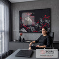Quadro Decorativo Grande Flores Vermelhas Preto para Sala | quadros decorativos | flores vermelhas espinhosas crescendo entre rochas cinzas sobre fundo preto | em ambiente 2 | Porao dos Quadros