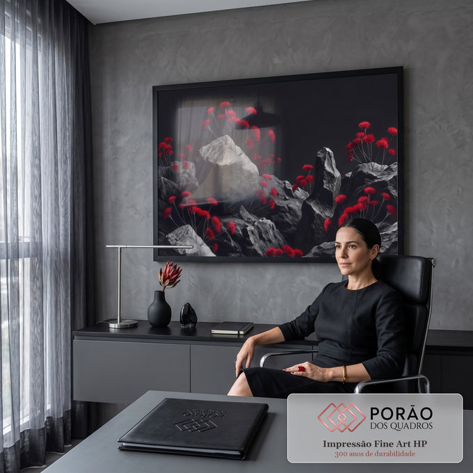 Quadro Decorativo Grande Flores Vermelhas Preto para Sala | quadros decorativos | flores vermelhas espinhosas crescendo entre rochas cinzas sobre fundo preto | em ambiente 2 | Porao dos Quadros