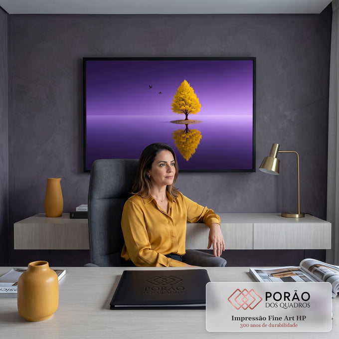 Árvore amarela solitária em pequena ilha refletida em lago sob céu roxo com pássaros, quadro decorativo
