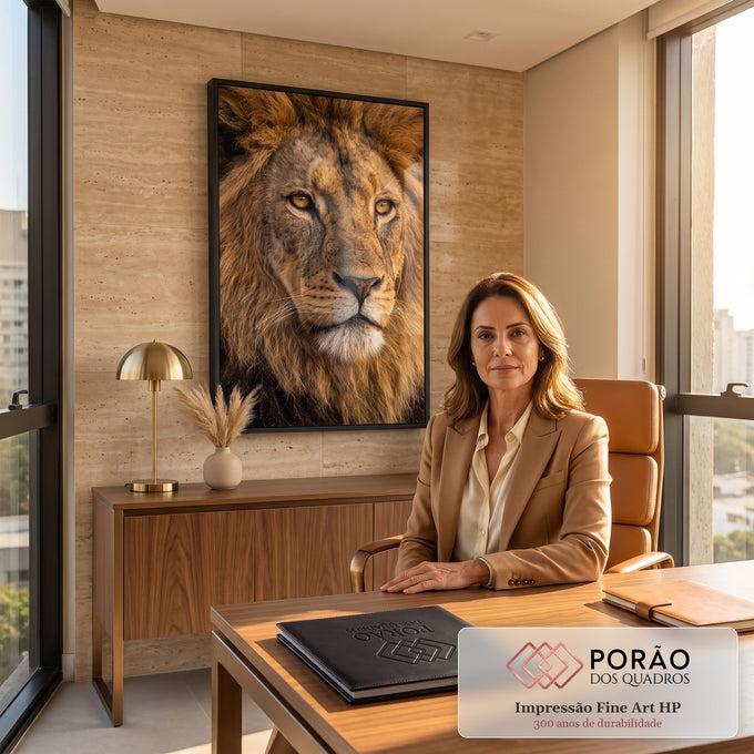Close do rosto de leão com juba dourada e olhos âmbar em fotografia realista, quadro decorativo