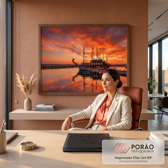 Quadro Decorativo Grande Veleiro Marina para Sala Laranja | quadros decorativos | veleiro atracado em marina sob céu alaranjado de pôr do sol com reflexo na água | em ambiente 2 | Porao dos Quadros