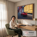 Porsche 911 GT3 vermelho com aerofólio e rodas douradas em rua urbana ao entardecer, quadro decorativo