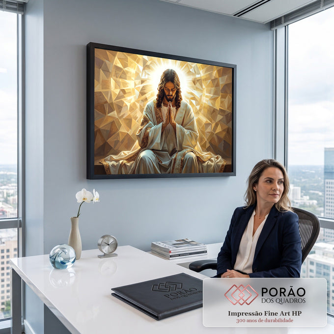 Jesus Cristo orando de olhos fechados com halo de luz e fundo geométrico dourado, quadro decorativo