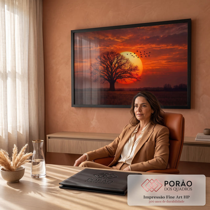 Árvore em silhueta diante de sol gigante, pássaros em voo e céu laranja no campo, quadro decorativo