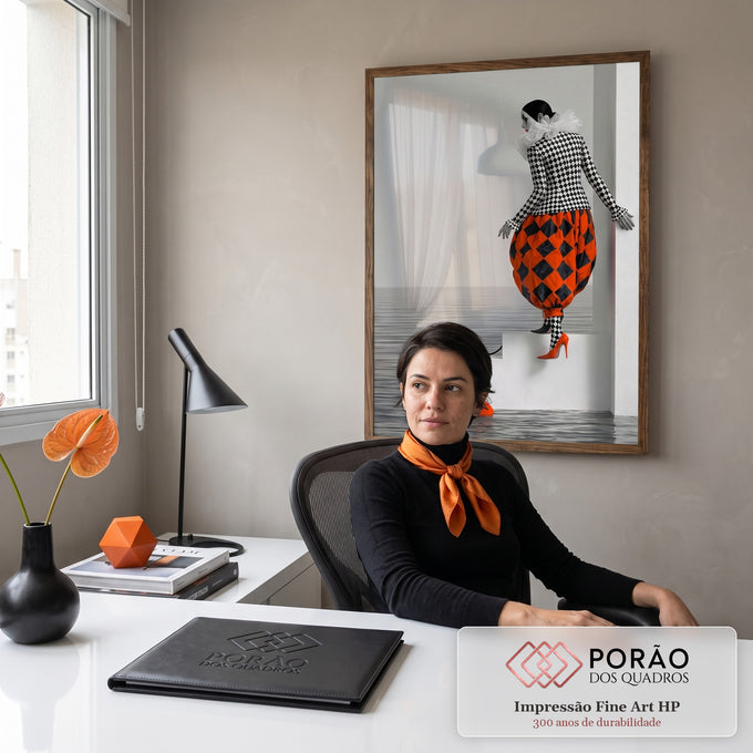 Arlequim em xadrez preto e branco e calça laranja descendo escada branca sobre o mar, quadro decorativo