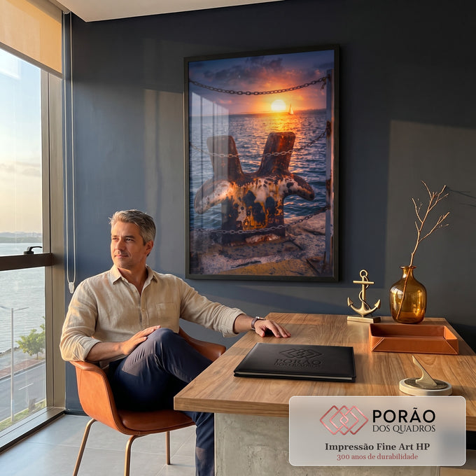 Quadro Decorativo Grande Cabeço de Amarração para Sala | quadros decorativos | cabeço de amarração enferrujado com correntes e pôr do sol dourado sobre o mar | em ambiente 2 | Porao dos Quadros