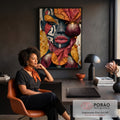Quadro Decorativo Retrato Tribal com Retalhos e Flor | quadros decorativos | rosto feminino com retalhos coloridos costurados e flor listrada ao lado | em Quadros para Escritorio | Porao dos Quadros