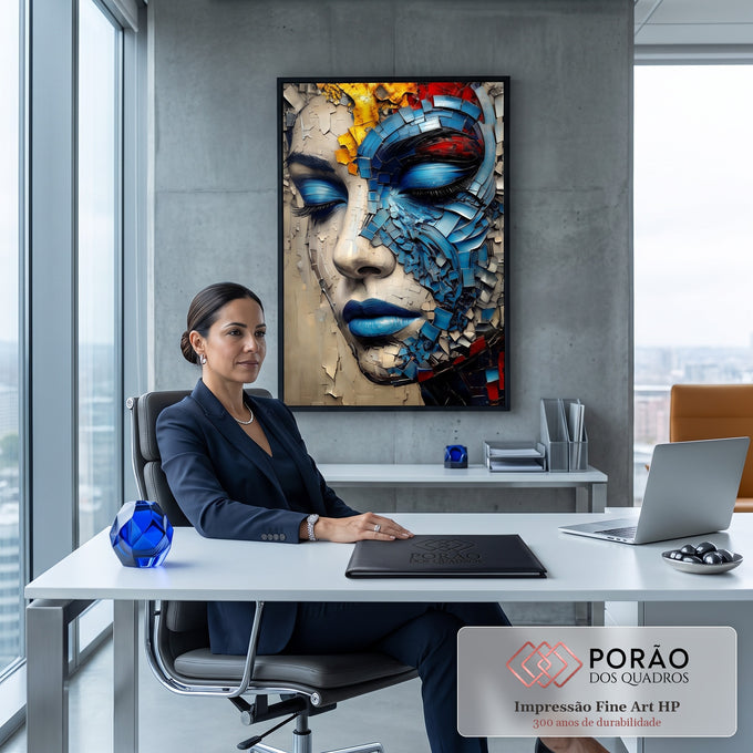 Rosto de mulher de olhos fechados fragmentado em lascas azuis, bege e toques amarelos, quadro decorativo