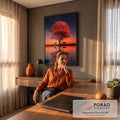 Quadro Decorativo Grande Lua Vermelha Vermelho para Sala | quadros decorativos | lua vermelha gigante atrás de árvore em silhueta com duas gazelas refletidas no lago | em ambiente 2 | Porao dos Quadros