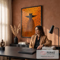 Quadro Decorativo Grande Figura com Chapéu para Sala Laranja | quadros decorativos | silhueta com chapéu largo e manto sobre fundo laranja com folhas pretas flutuando | em ambiente 2 | Porao dos Quadros