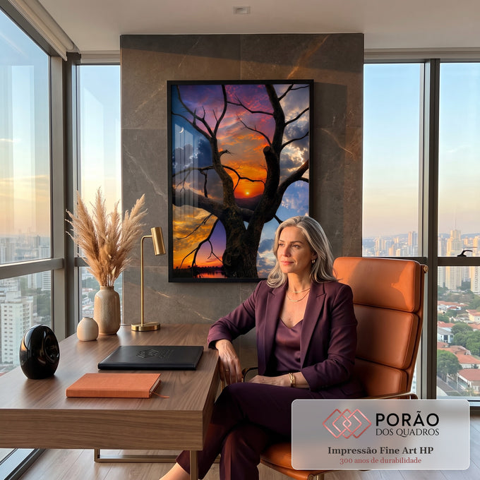 Árvore seca em primeiro plano, pôr do sol laranja, lua crescente e céu azul com nuvens, quadro decorativo