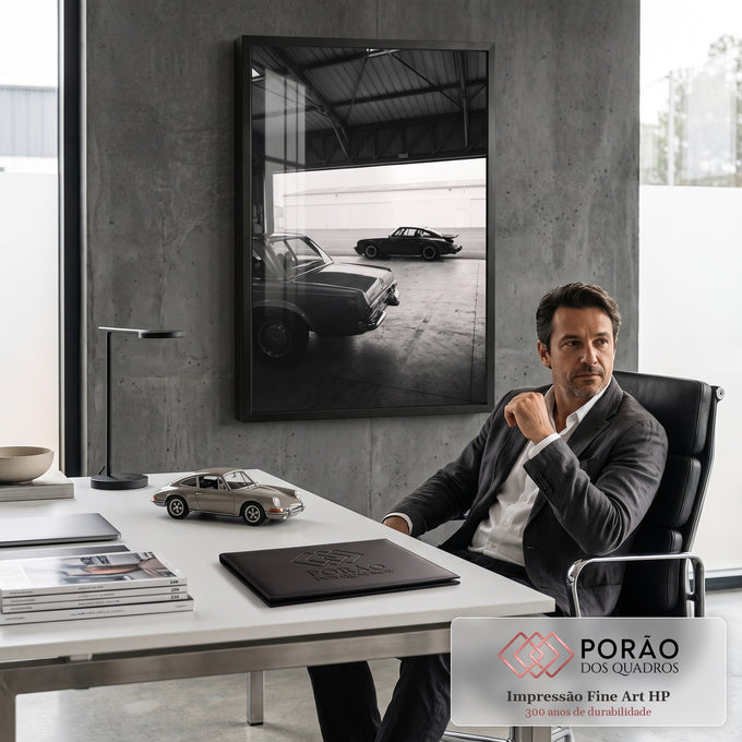 Mercedes clássico e Porsche 911 em hangar, fotografia em preto e branco, quadro decorativo
