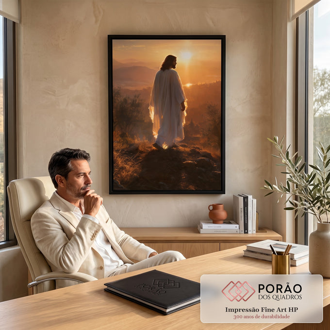 Quadro Decorativo Jesus Cristo Contemplando o Pôr do Sol | quadros decorativos | Jesus de manto branco caminha em colina ao pôr do sol dourado | em Quadros para Quarto | Porao dos Quadros