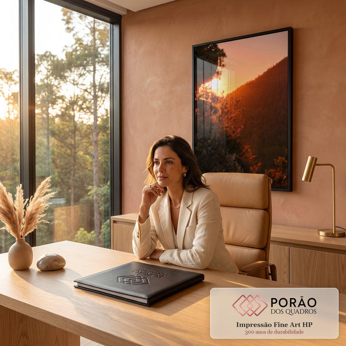 Quadro Decorativo Grande Urze e Rochas para Sala Laranja | quadros decorativos | pôr do sol entre rochas e arbustos secos com montanha ao fundo em tons laranja | em ambiente 2 | Porao dos Quadros