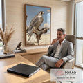 Quadro Decorativo Falcão Pousado na Luva do Falcoeiro | quadros decorativos | falcão malhado pousado em luva de couro com deserto e céu ao fundo | em Quadros para Escritorio | Porao dos Quadros