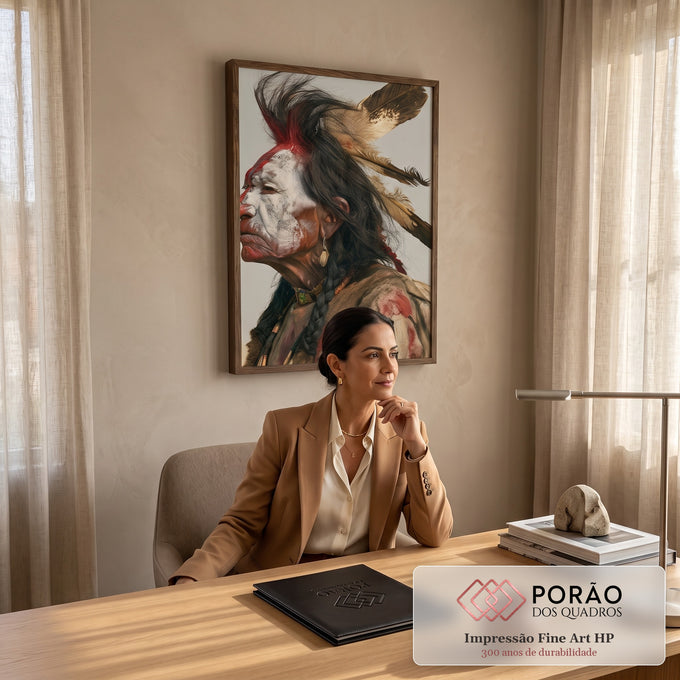 Quadro Decorativo Guerreiro Indígena com Pintura Facial | quadros decorativos | homem indígena de perfil com pintura facial vermelha e branca e cocar de penas | em Quadros para Escritorio | Porao dos Quadros