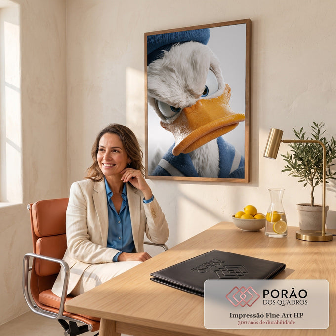 Quadro Decorativo Grande Pato com Boina para Quarto Branco | quadros decorativos | pato branco em renderização 3D com olhos azuis grandes, bico laranja e gorro de tricô azul | em ambiente 2 | Porao dos Quadros