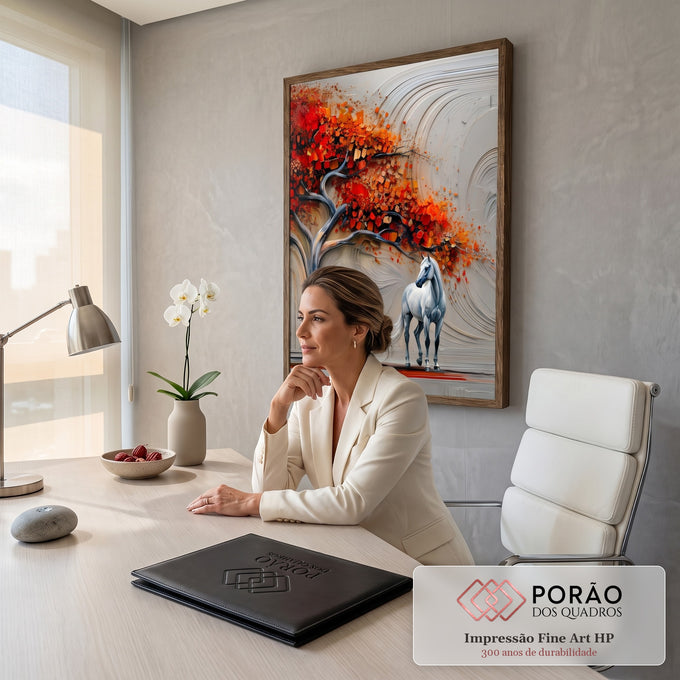 Cavalo branco ao lado de árvore com folhas vermelhas e laranjas em fundo bege texturizado, quadro decorativo