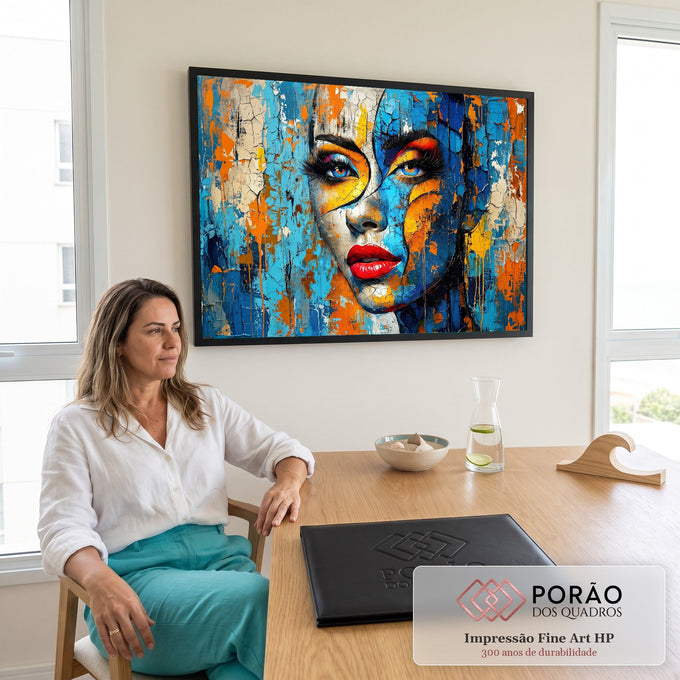 Quadro Decorativo Grande Rosto Laranja para Sala Azul | quadros decorativos | rosto feminino abstrato com textura rachada em azul, laranja e amarelo | em ambiente 2 | Porao dos Quadros